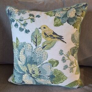 Envogue Throw Pillow, W/Aqua, Yellow, Beaded Bird/Flowers,NEW. White Background